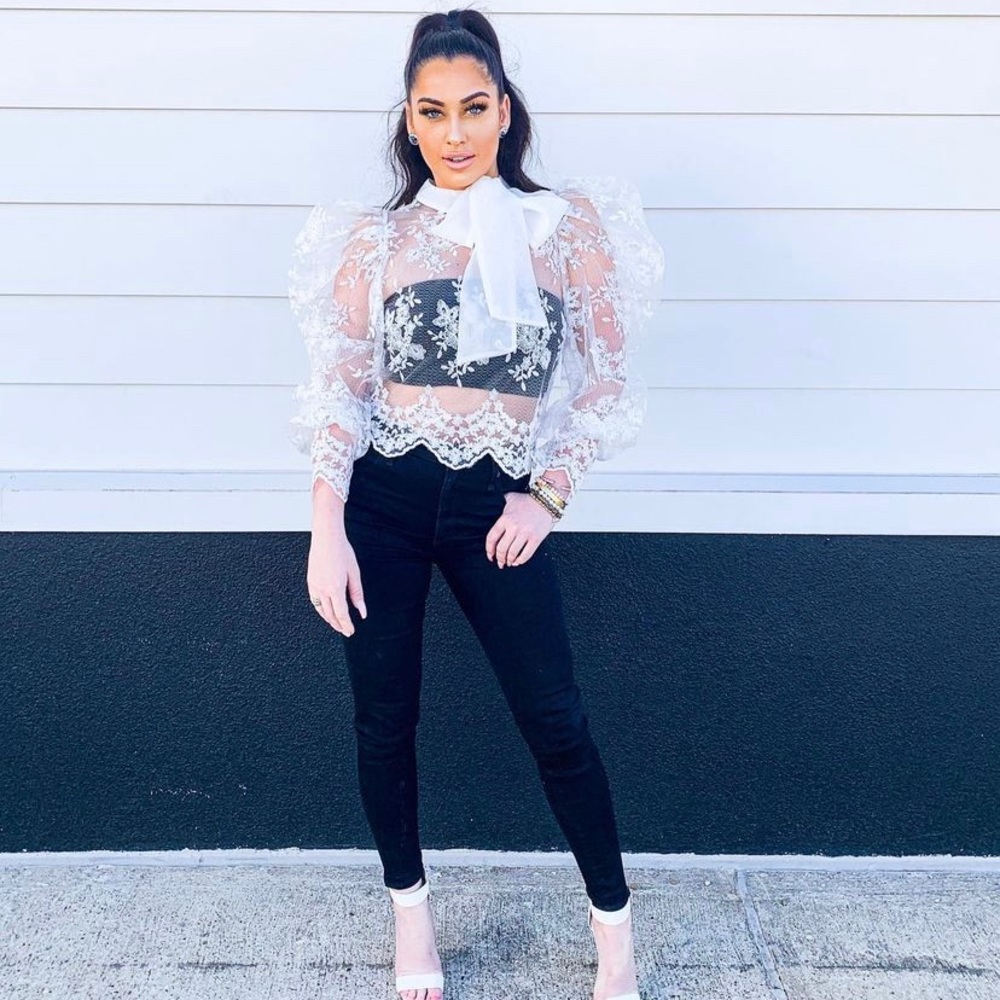 White lace puff sleeve top.